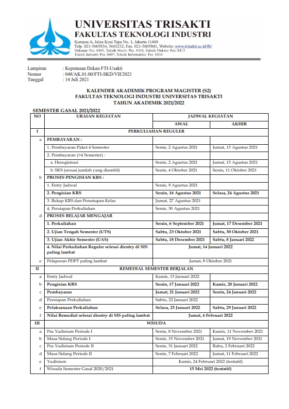 Kalender Akademik Semester Gasal Tahun Akademik Magister